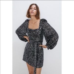Zara Elegant Black and Silver Sequin Women's Dress with belt tie - size XS